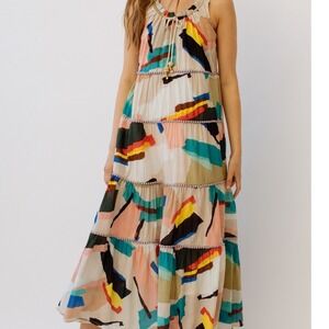 Guadalupe Dress Abstract Print‎ Sleeveless Tiered Pom Pom Trim Boho Chic M E1